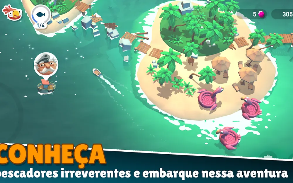 Creatures of the Deep: ilha vista de cima com pescadores, cabanas e o barco ancorado no pontão