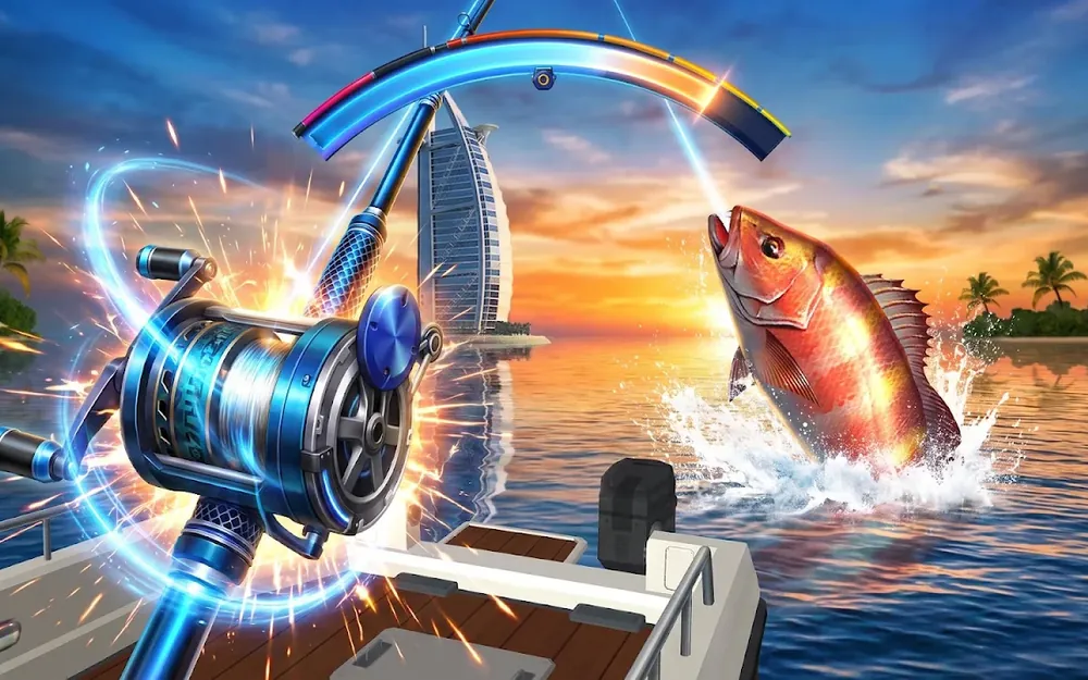 Fishing Hook: carreto em primeiro plano e um peixe a sair da água ao pôr do sol, junto a um hotel na baía