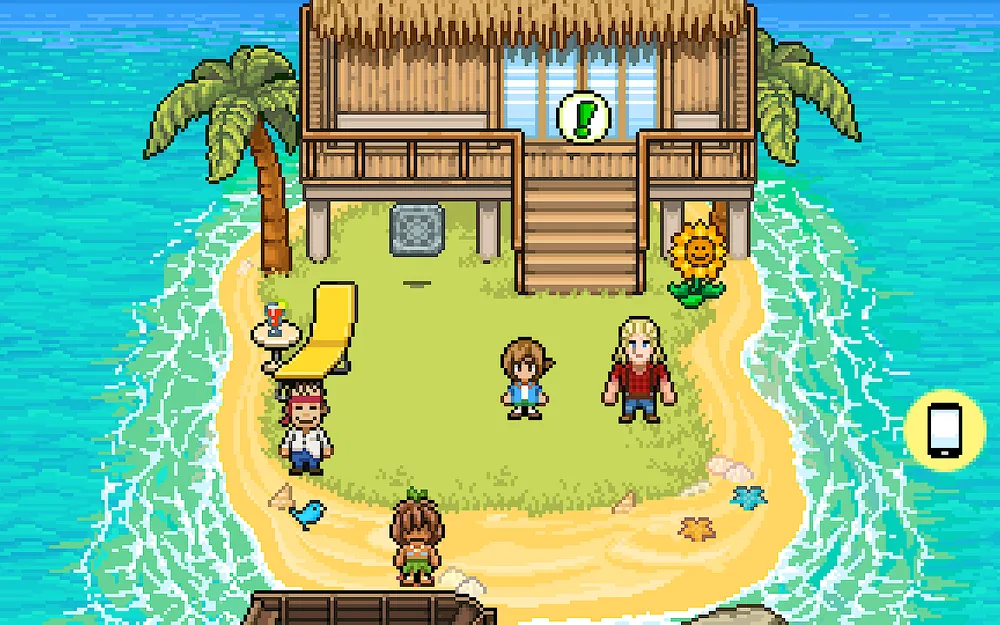Fishing Paradiso: aldeia em pixel art junto à praia, com três personagens à porta da cabana