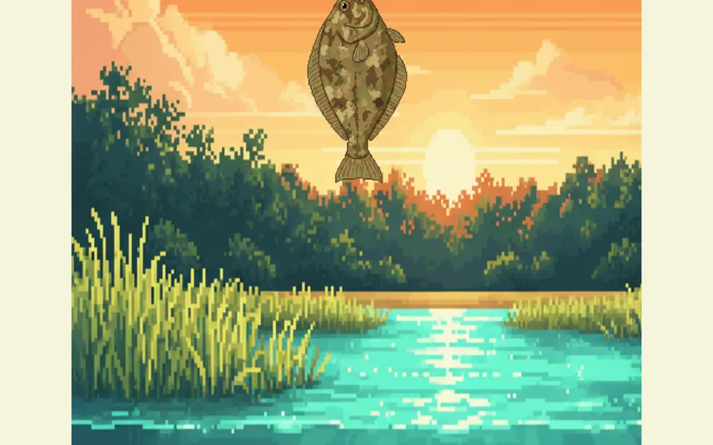 Pixel Fishing Quest: lago em pixel art ao pôr do sol com um linguado pendurado na linha e o aviso de novo recorde