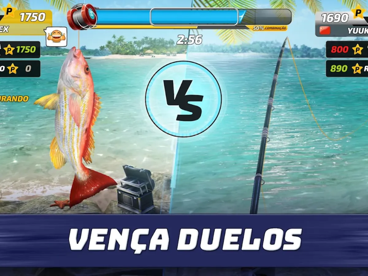 Fishing Clash: duelo entre dois pescadores, com o peixe apanhado a preencher o ecrã sobre um pontão tropical